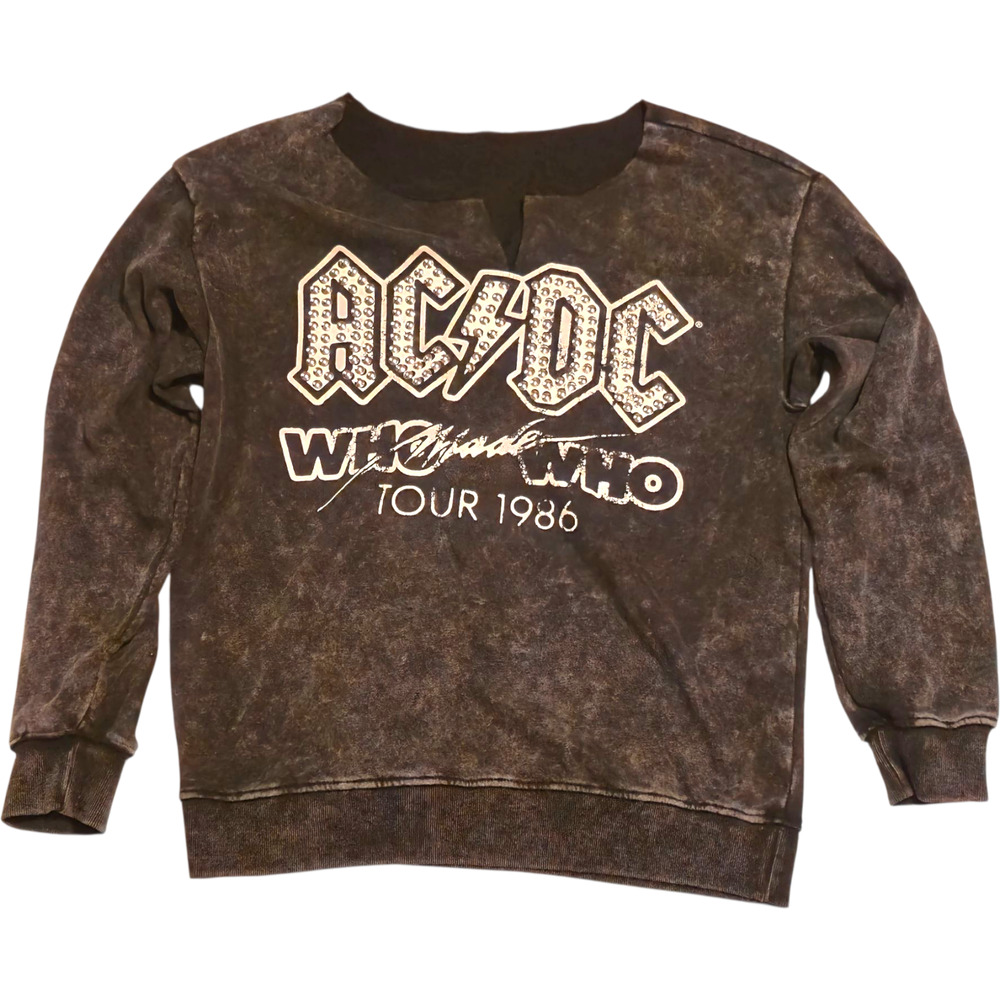 AC/DC Who Made Who 1986 Tour Sweatshirt L Black Studded Graphic Grunge Cut Neck